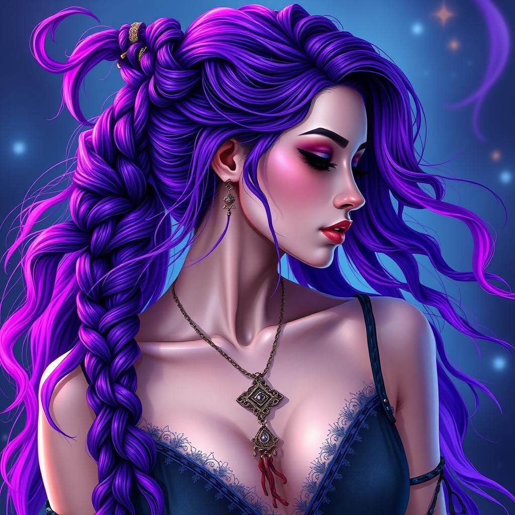 Woman with Purple Braids in Neon Digital Art