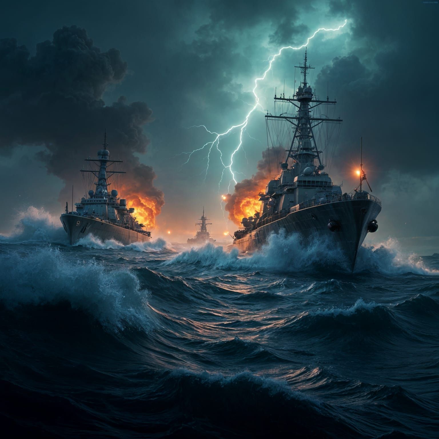 Warships Clash in Stormy Seas: Dystopian Sci-Fi Art