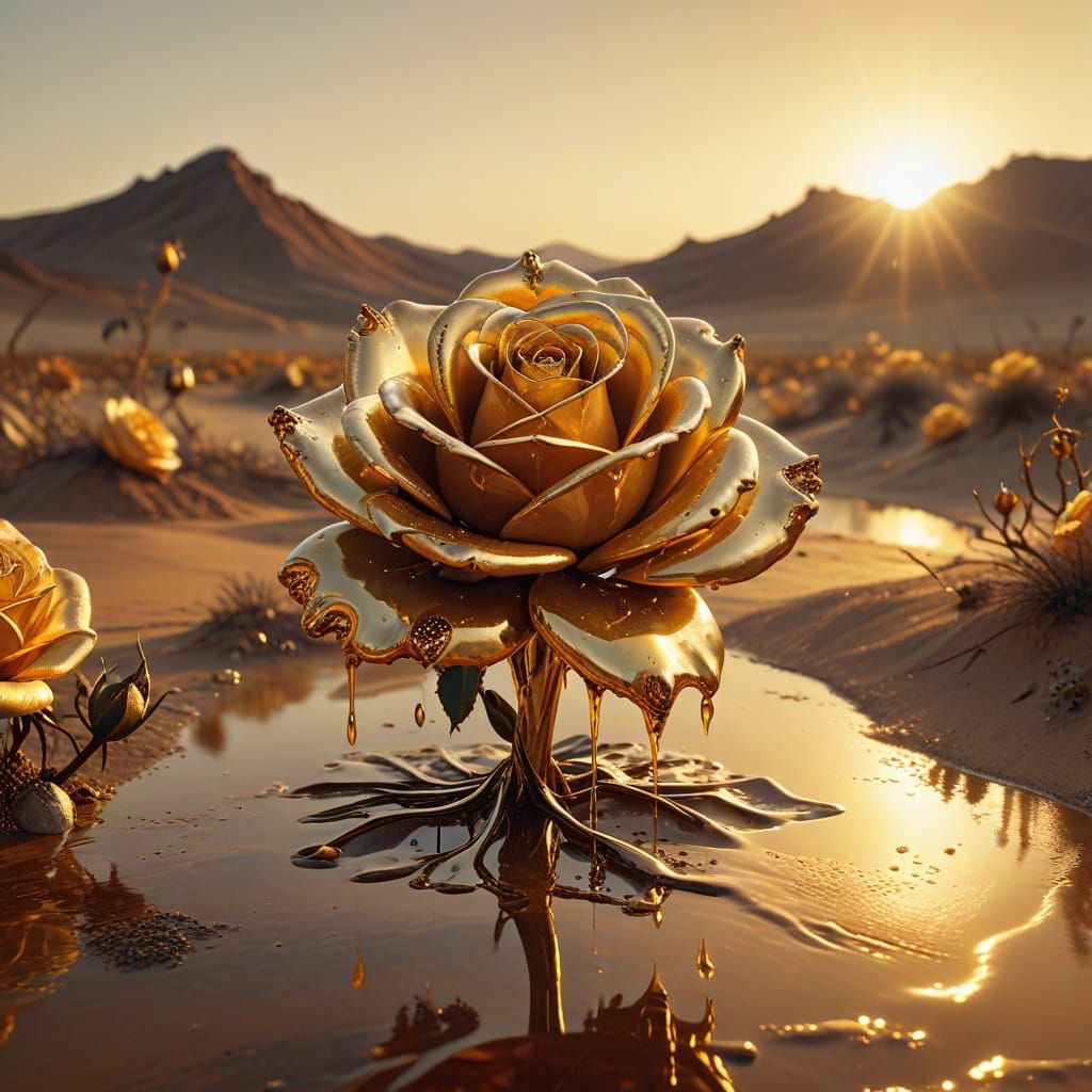 Surreal Golden Rose in Desert Landscape