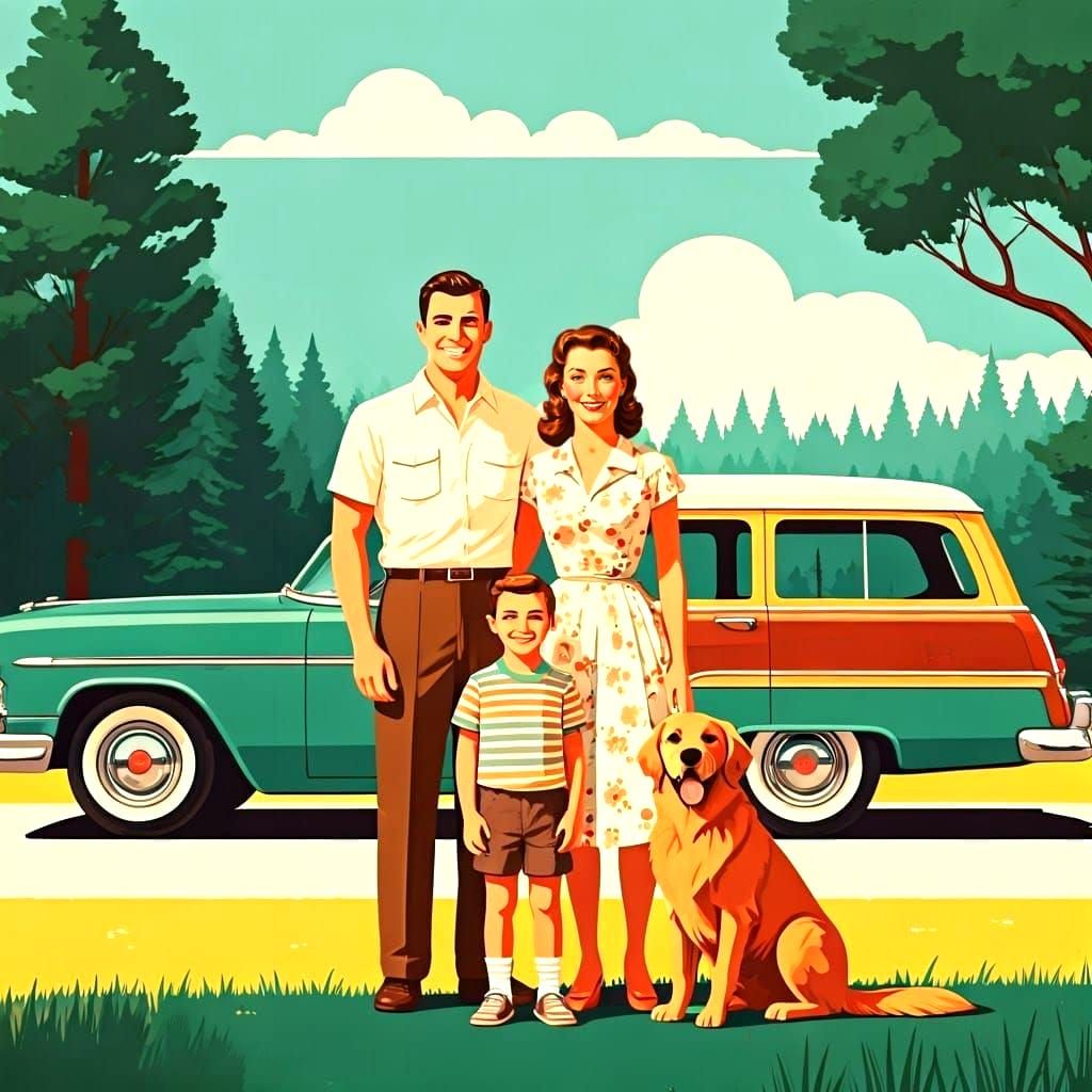 Cheerful Family of Four in 1950s Attire Standing in Front of...