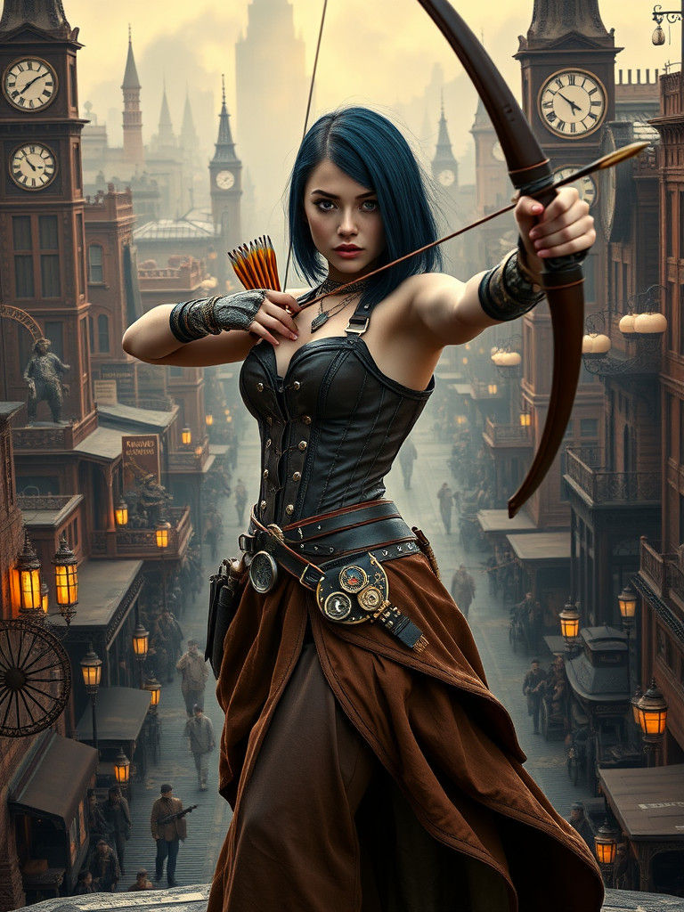 Steampunk Archer in Wild West Cityscape