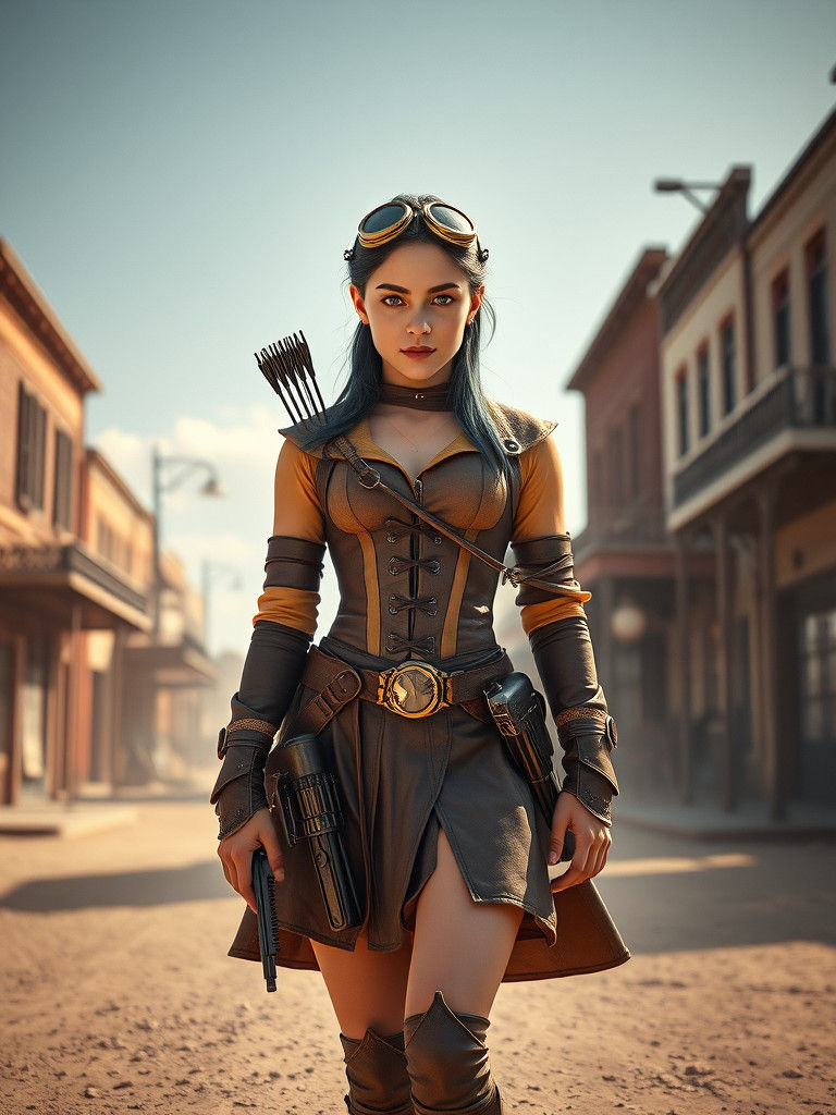 Steampunk Archer Girl in Dusty Far West Street