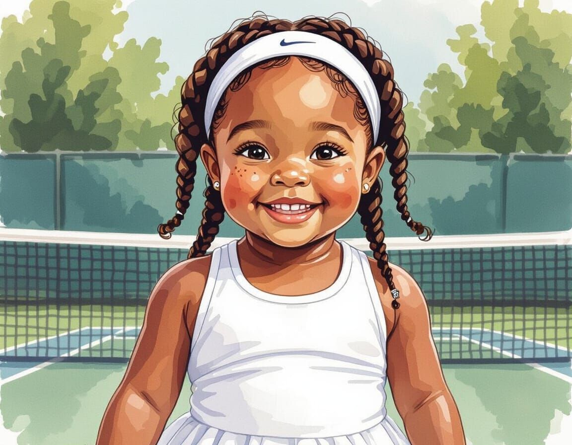 Girl on Tennis Court in Watercolor Style