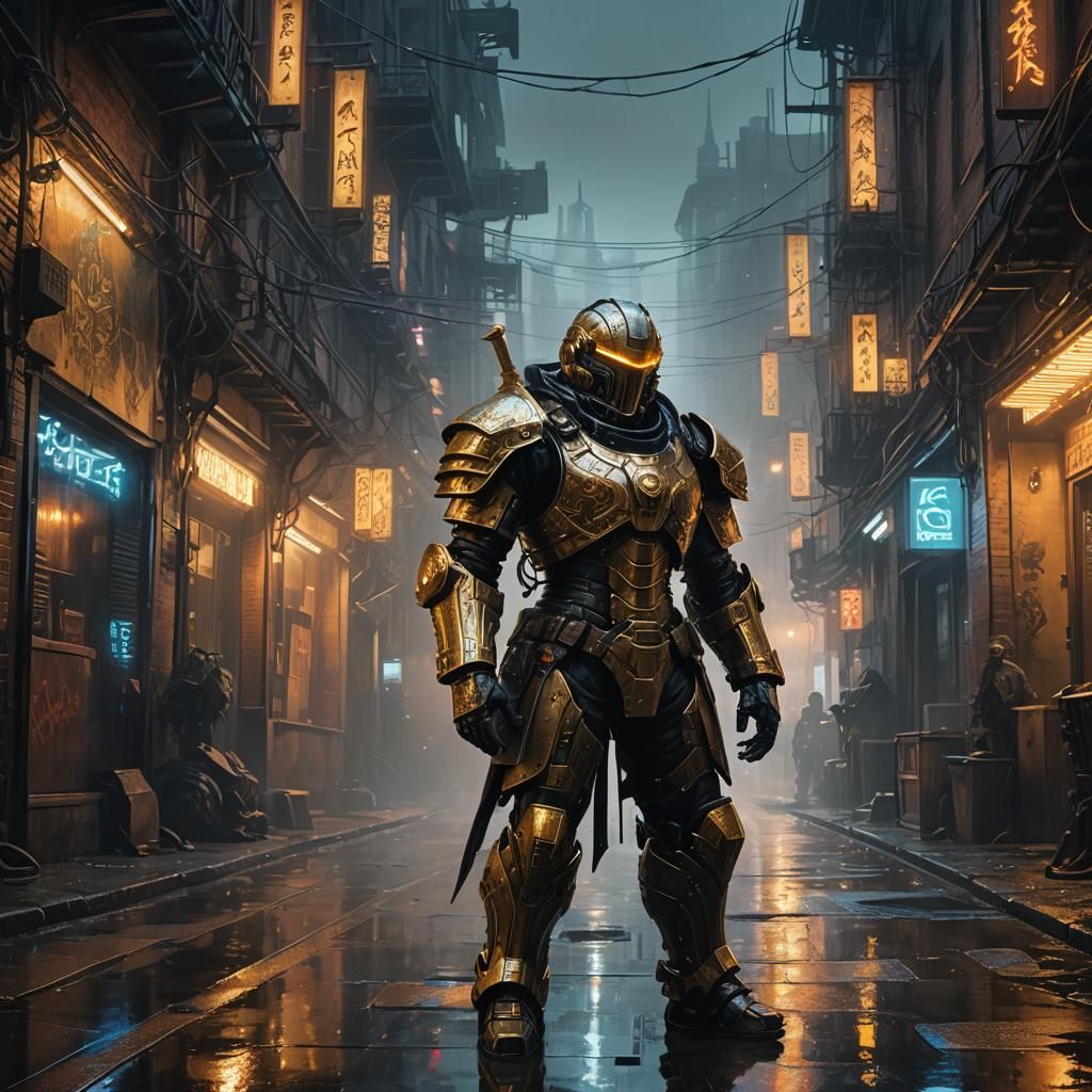 Cybernetic Renaissance Figure in Neon Alleyway