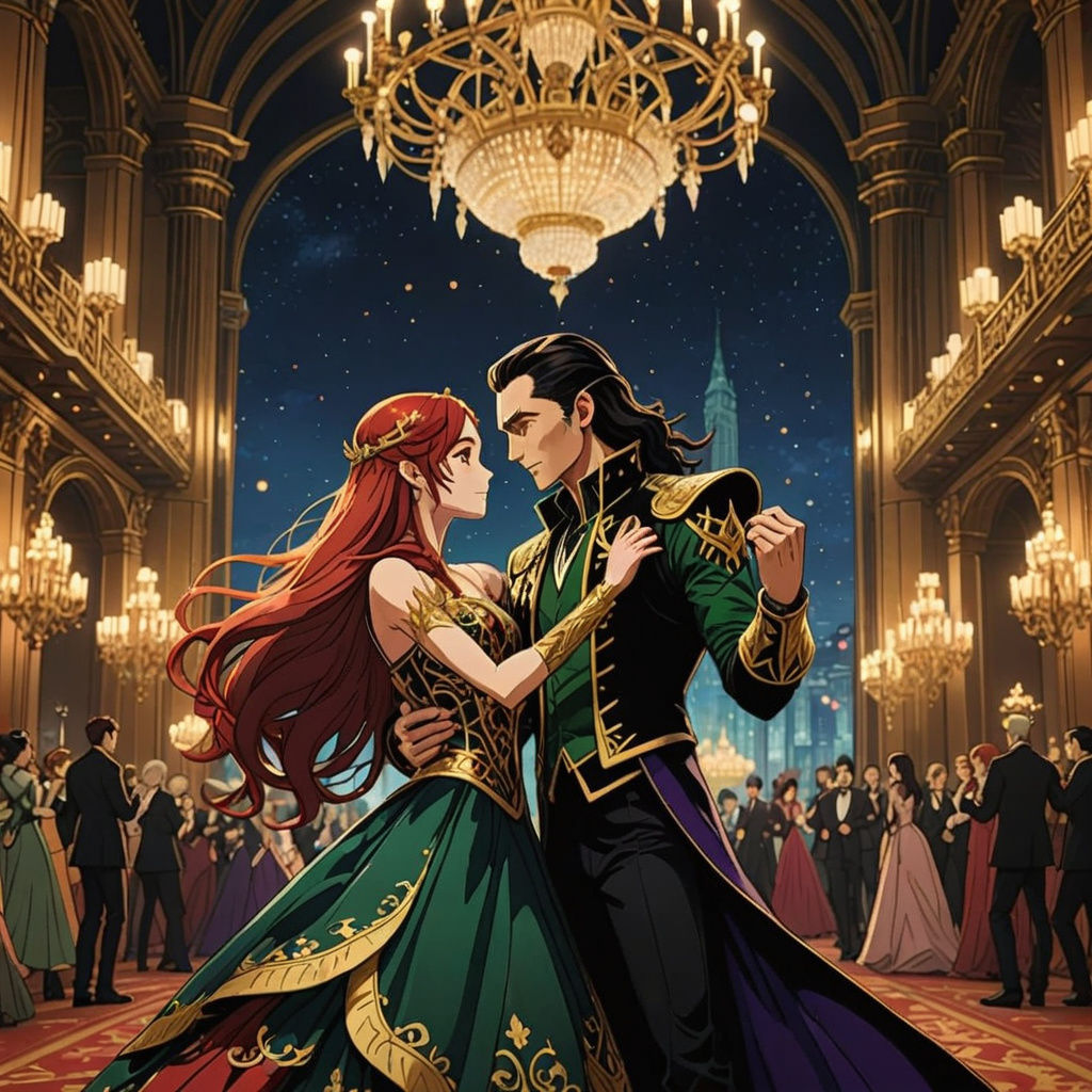 Loki Dances with Red-Haired Companion in Elegant Ball Gown
