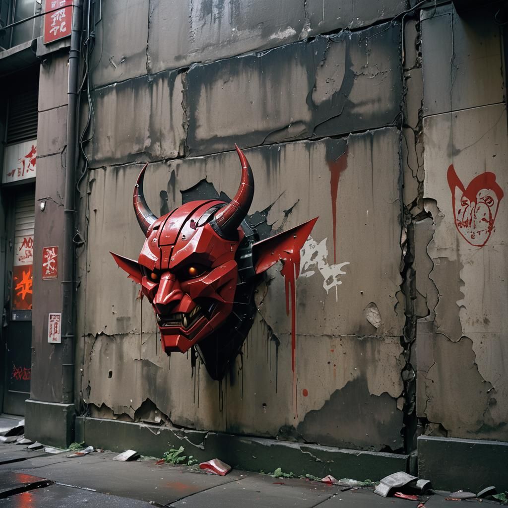 Tattered Oni Mask in Cyberpunk Alleyway