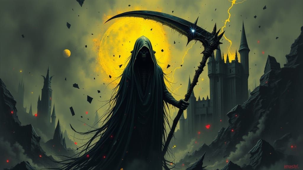 Gothic Reaper Emerges from Darkened Medieval Town