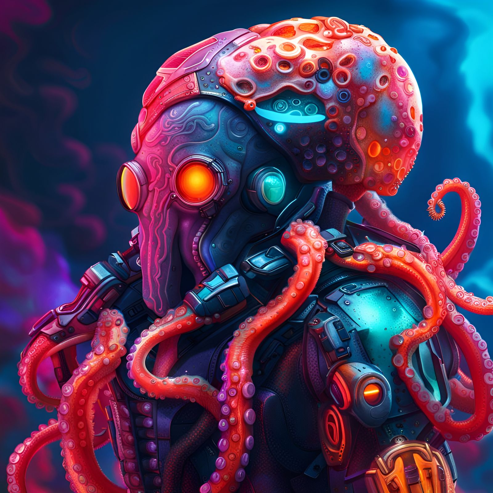 Cyborg Octopus in Neon Coral Reef: Hyperrealistic Portrait