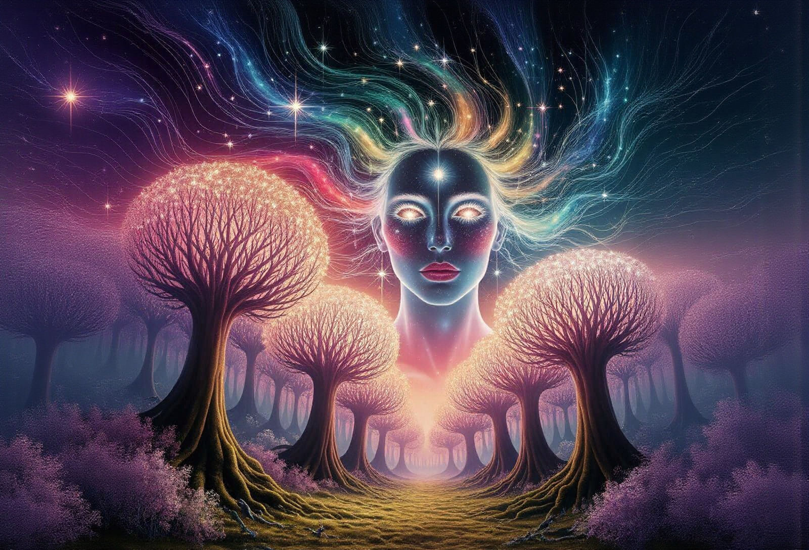 Starlight Ghost Woman Face in Glowing Forest