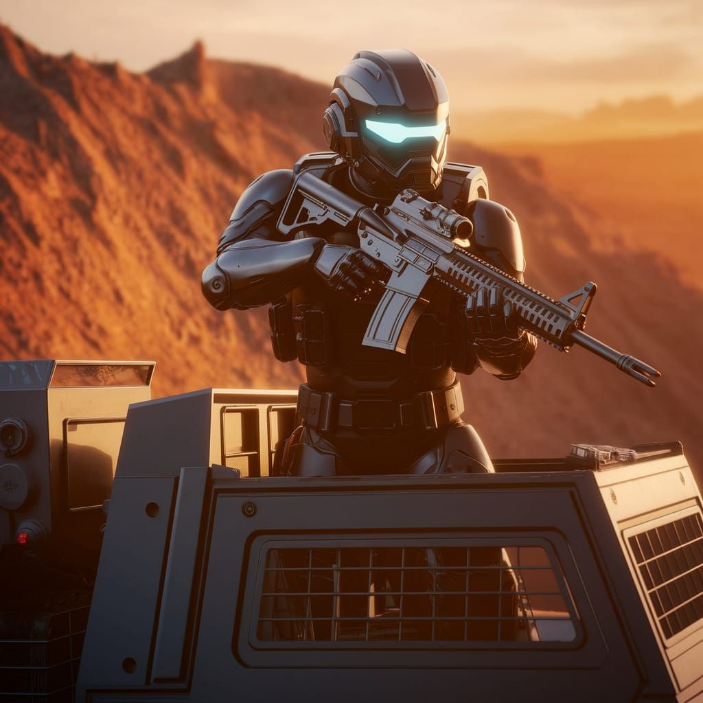 Realistic, sci-fi Black Tiger soldier dressed in tactical armor with a futuristic rifle standing in the turret of a troo...