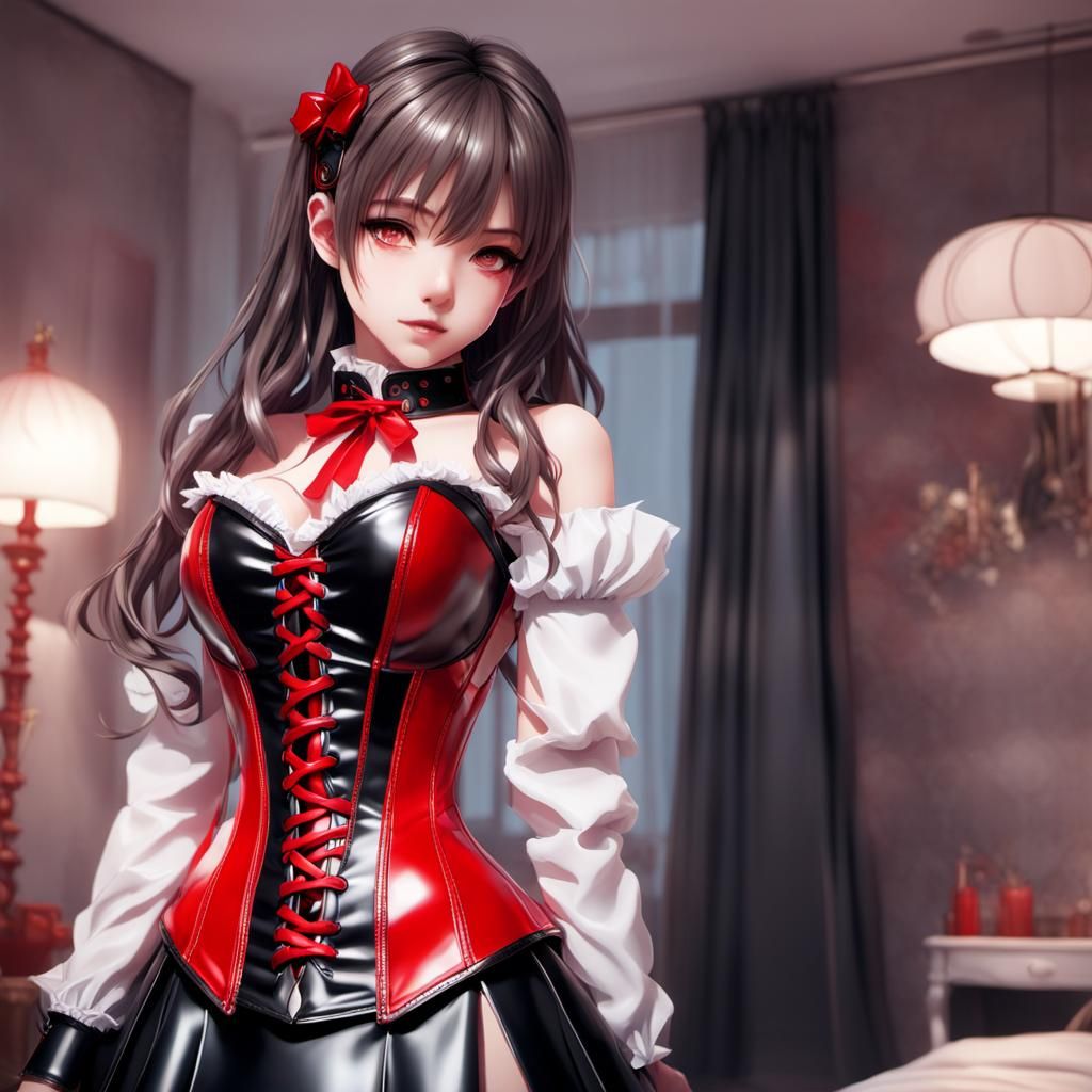 Anime Portrait: Woman in Red Latex Corset
