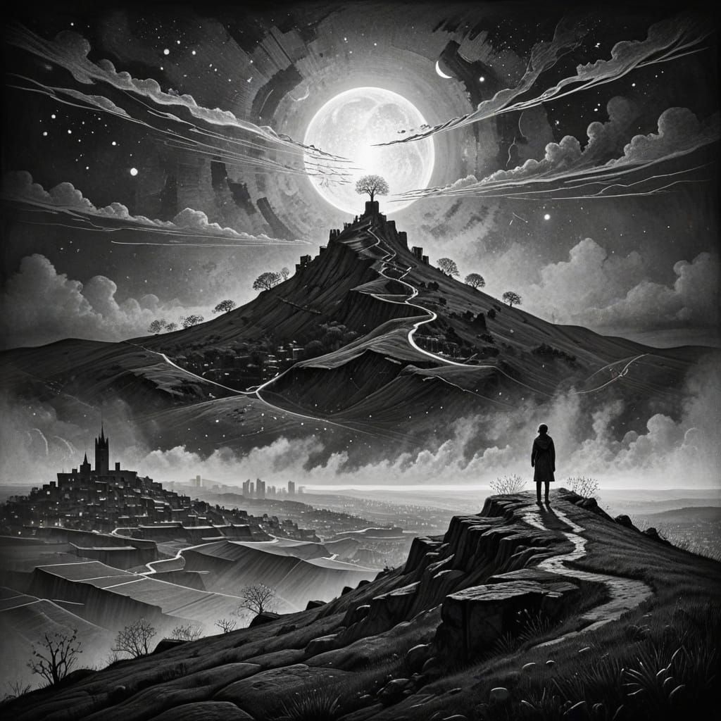 Mystical Cityscape Etching in Paul Klee Style