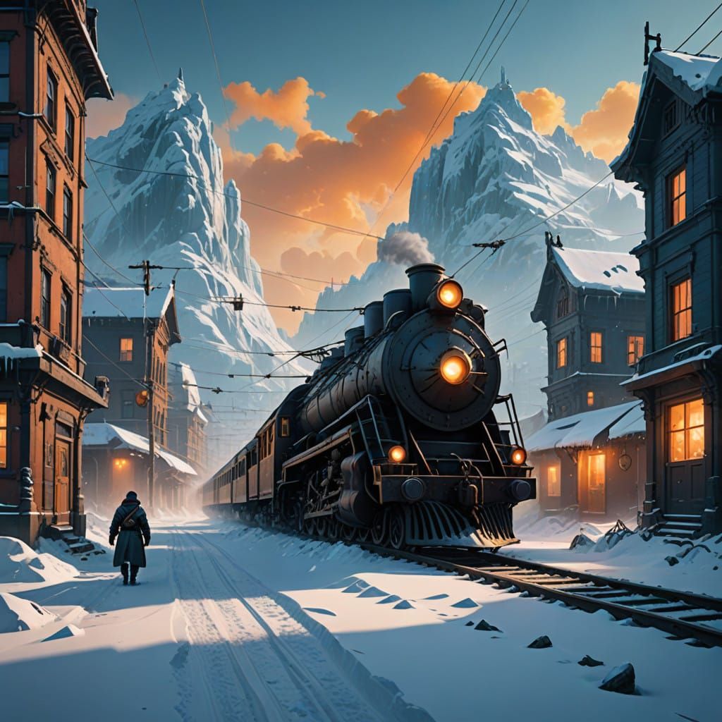 Majestic Frostpunk Train in a Snowy, Mystical Landscape
