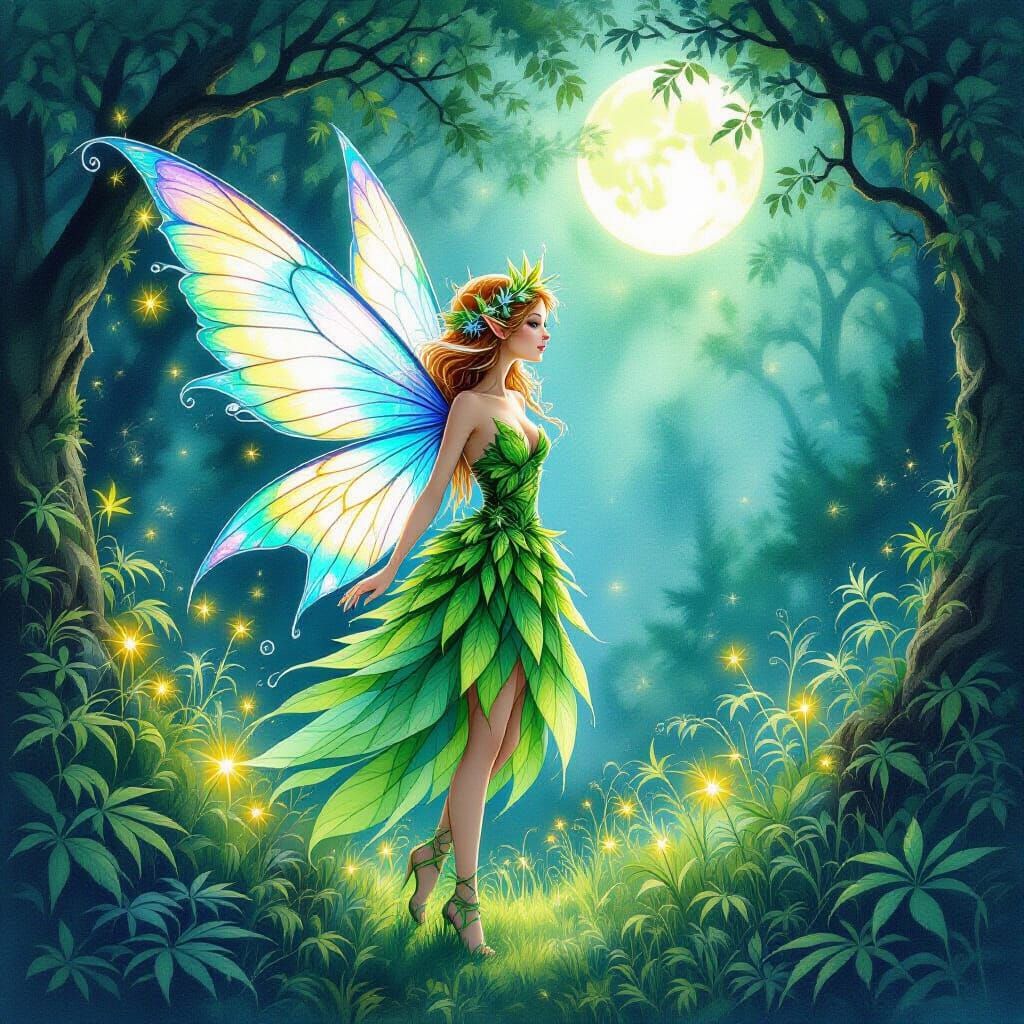 Whimsical Marijuana Fairy in Moonlit Forest