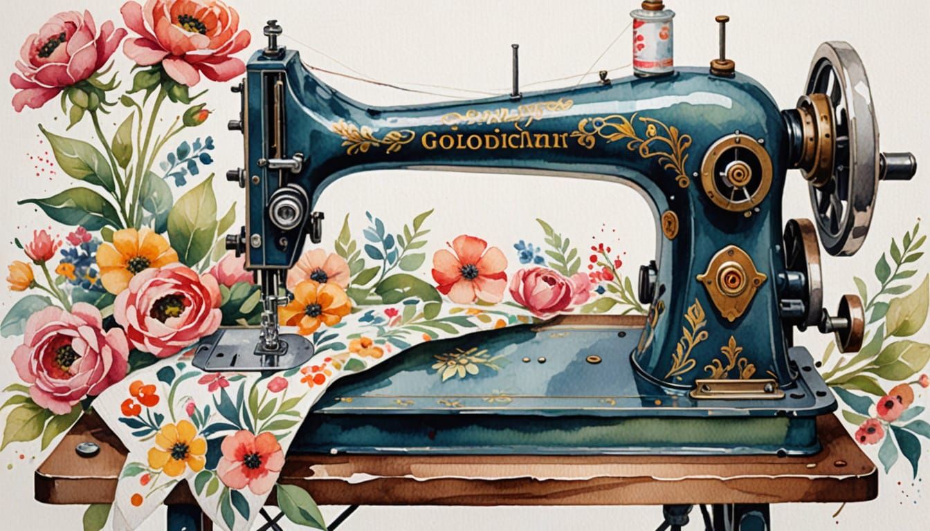 Vintage Floral Girl Sewing Machine in Gouache and Watercolor