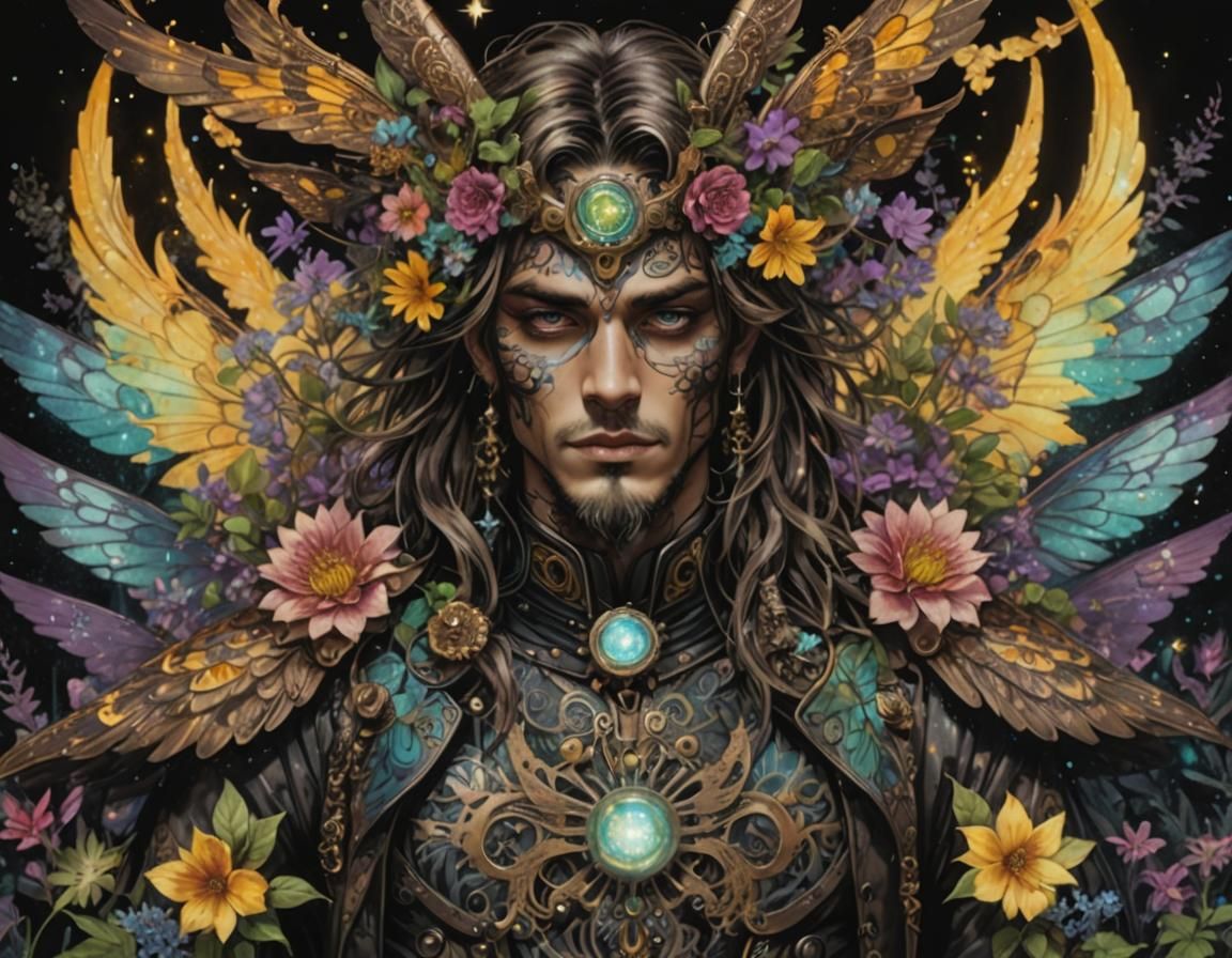 Steampunk Man in Bioluminescent Forest: Anime Ink Art