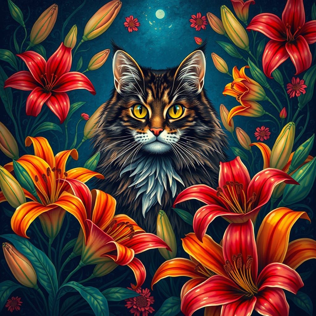 Norwegian Forest Cat with Fibonacci-Inspired Lilies