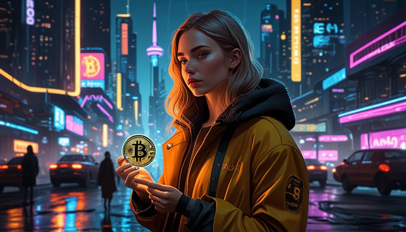 Fashion Model in Cyberpunk Cityscape with Bitcoin