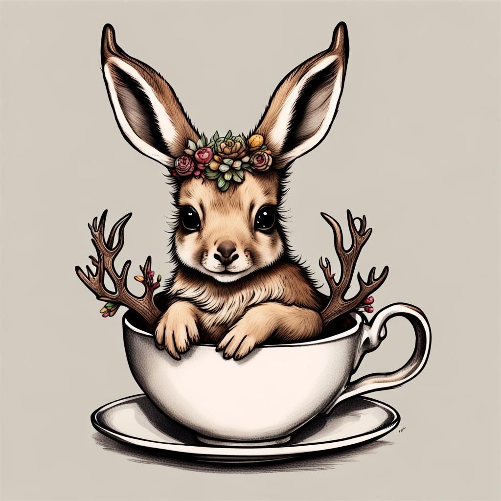 Baby Jackalope in Teacup: A Whimsical Scene