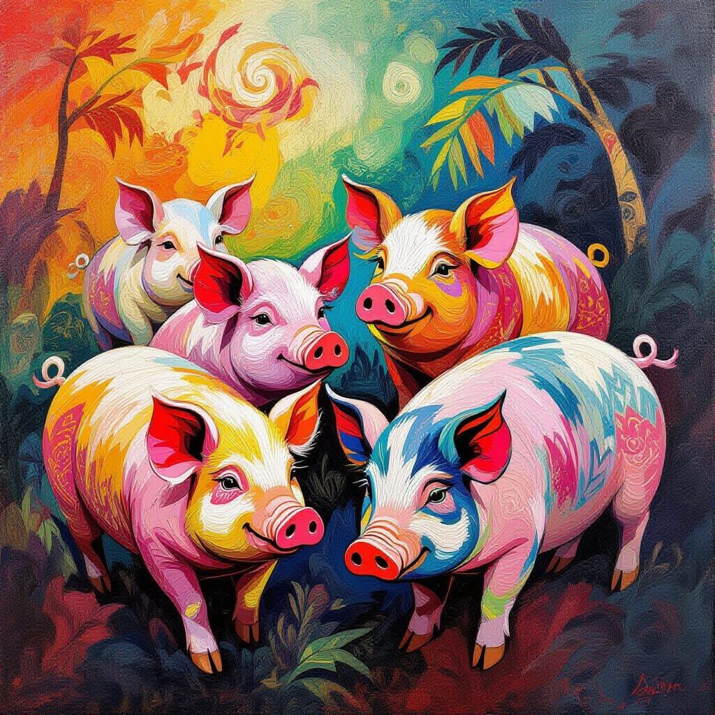 Polynesian Pigs in a Vibrant Kaleidoscope: Post-Impressionis...