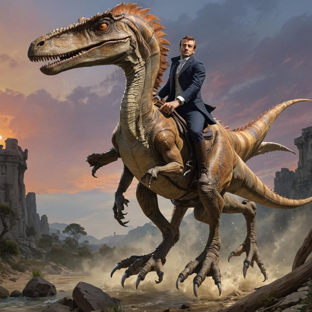 Macron Rides Velociraptor in Watercolor Concept Art