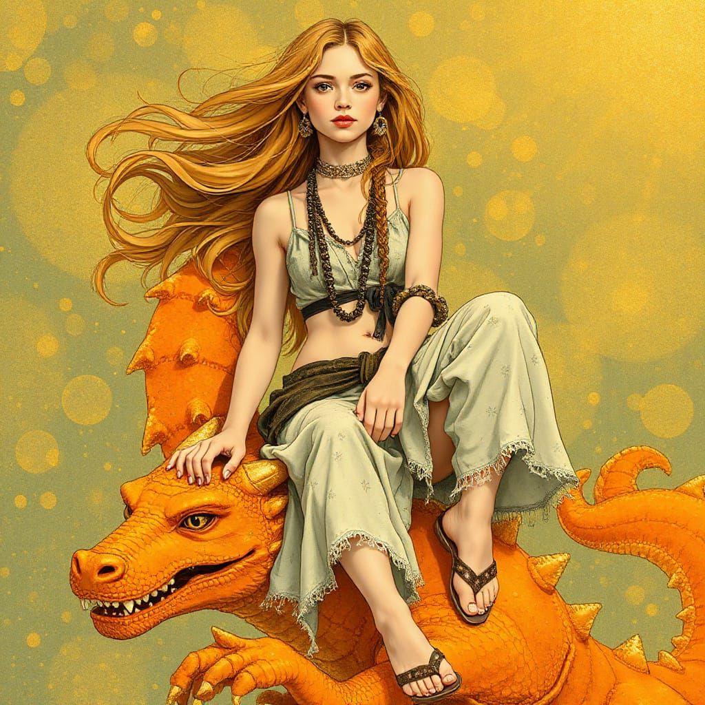 Woman on Gummy Dragon in Effervescent Soda Sea