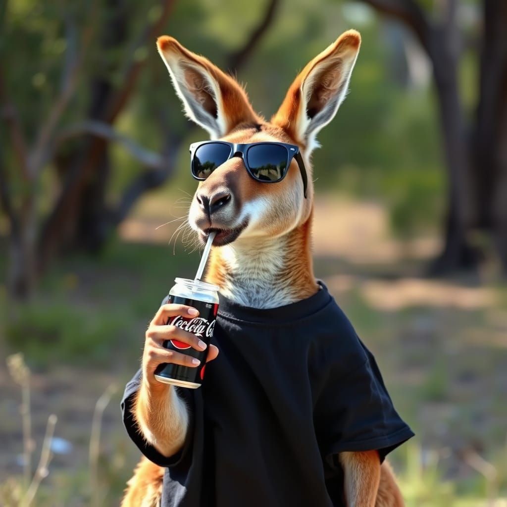 Cool Kangaroo in Australian Wilderness Sipping Soda