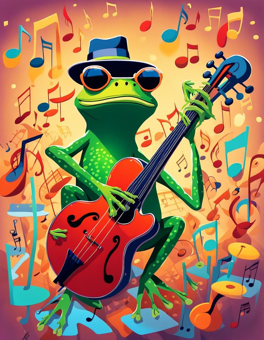 Funky Cartoon Frog Jazz Band in Dreamlike Style