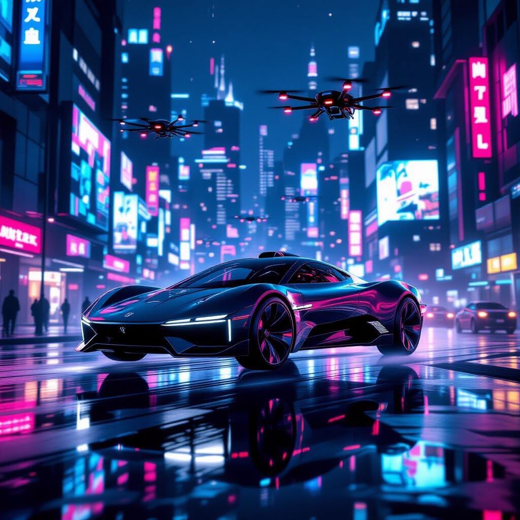 Sleek Black Flying Car in Neon Cyberpunk City