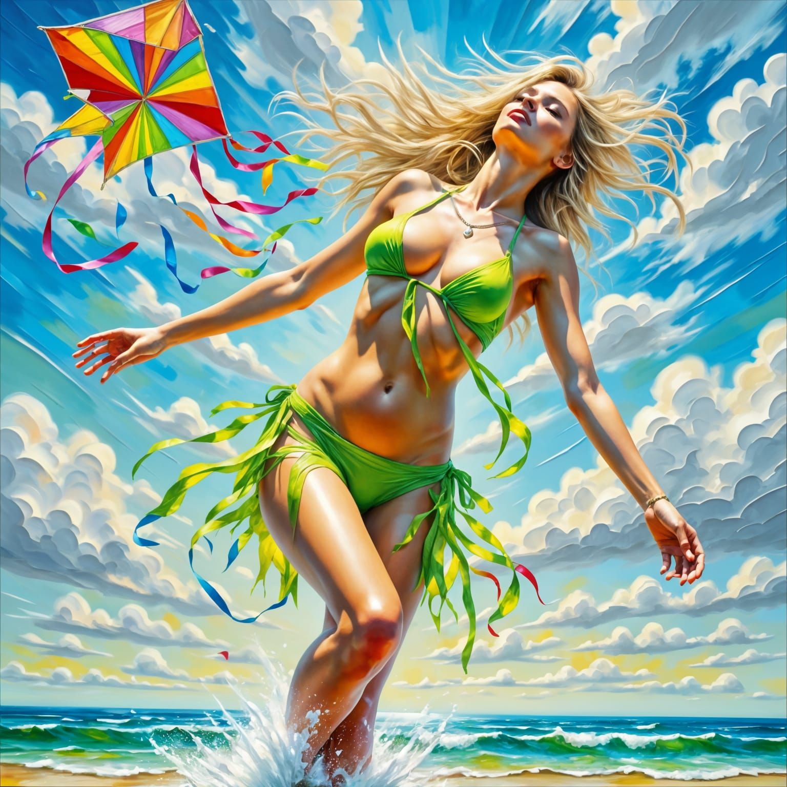 Blonde Beauty Soars with Vibrant Kite in Neo-Impressionist O...