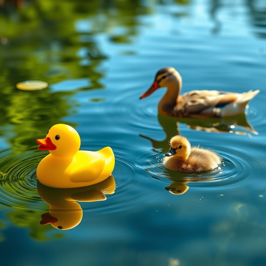 Realistic Yellow Rubber Duck in Serene Pond Landscape