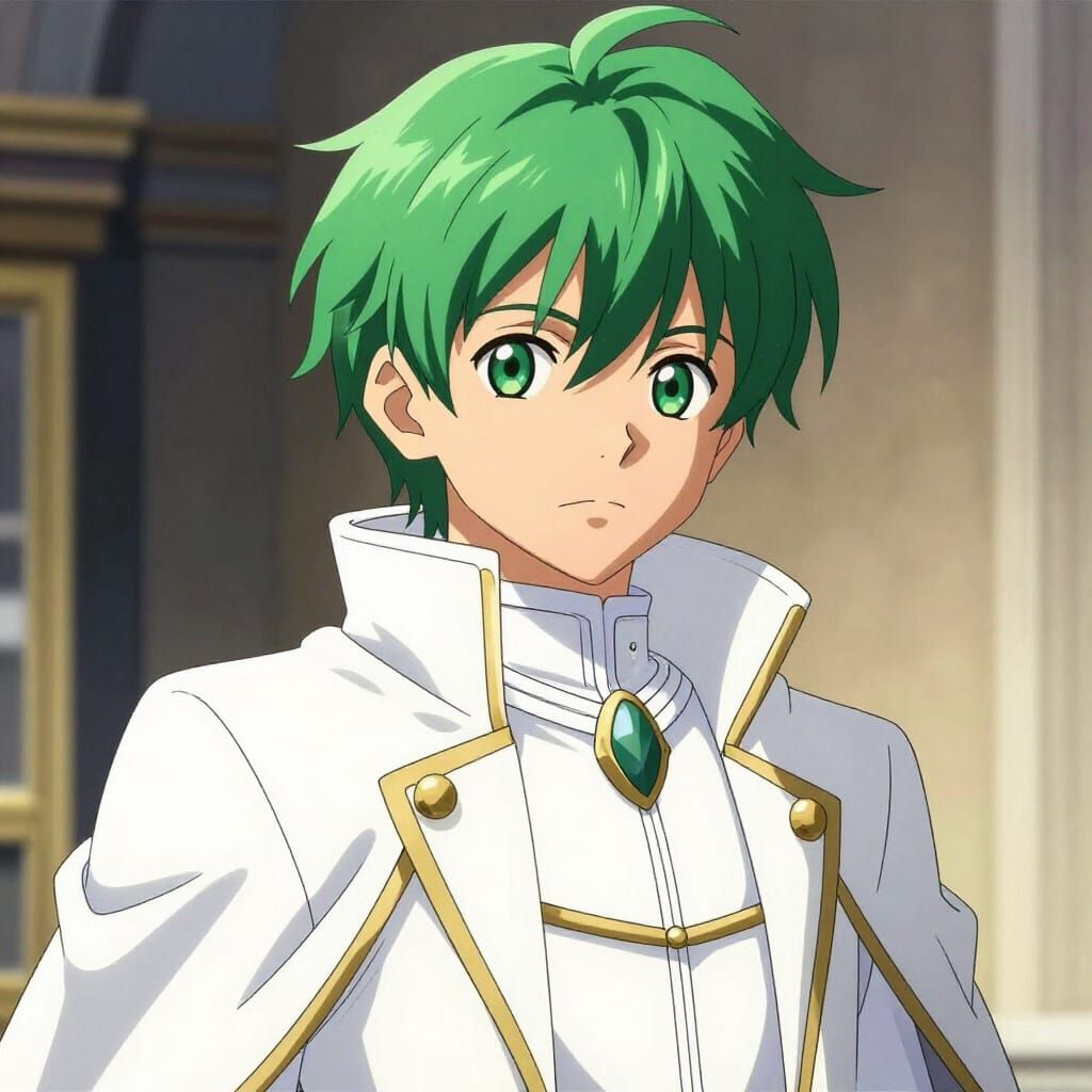 Young Boy in White Noble Attire, Green Hair and Eyes