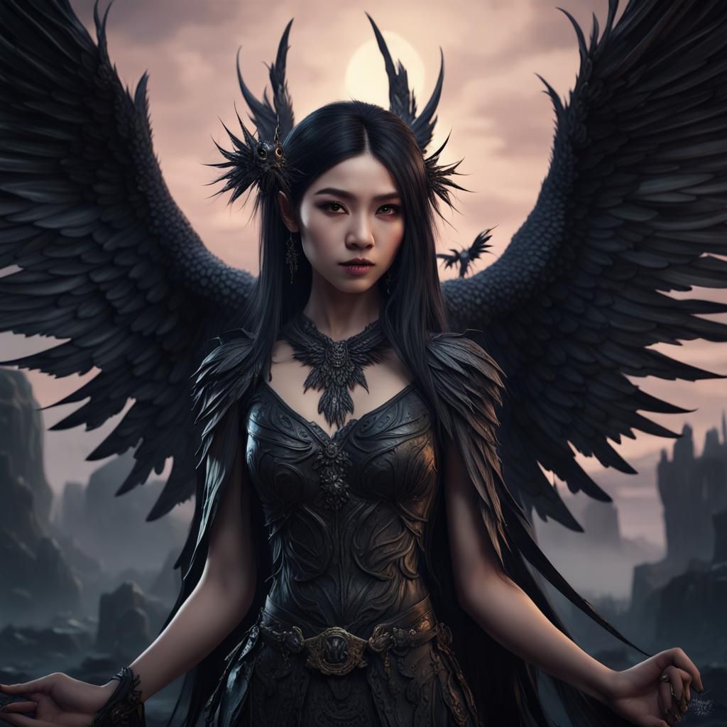 Asian Goth Death Goddess with Raven
