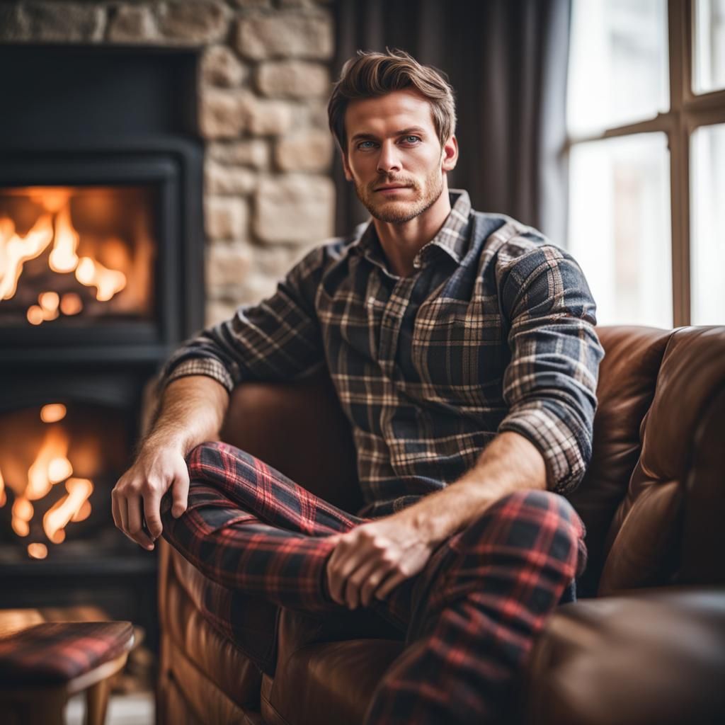 Handsome Man Relaxing by Fireplace, Professional Photography