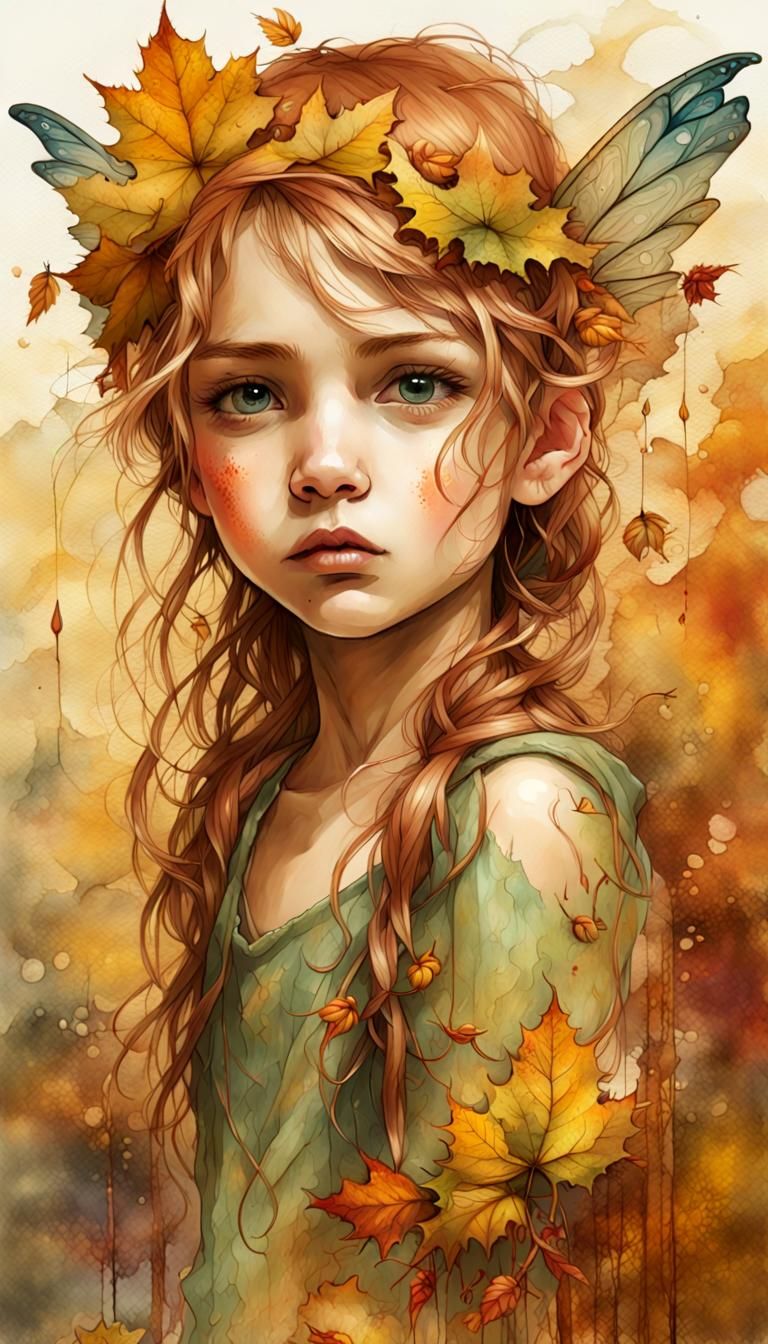 Grumpy Autumn Fairy Portrait in Watercolor Style