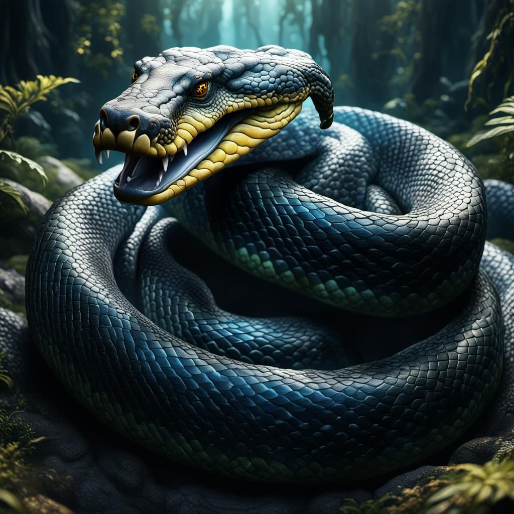 Detailed Matte Painting of a Black Anaconda