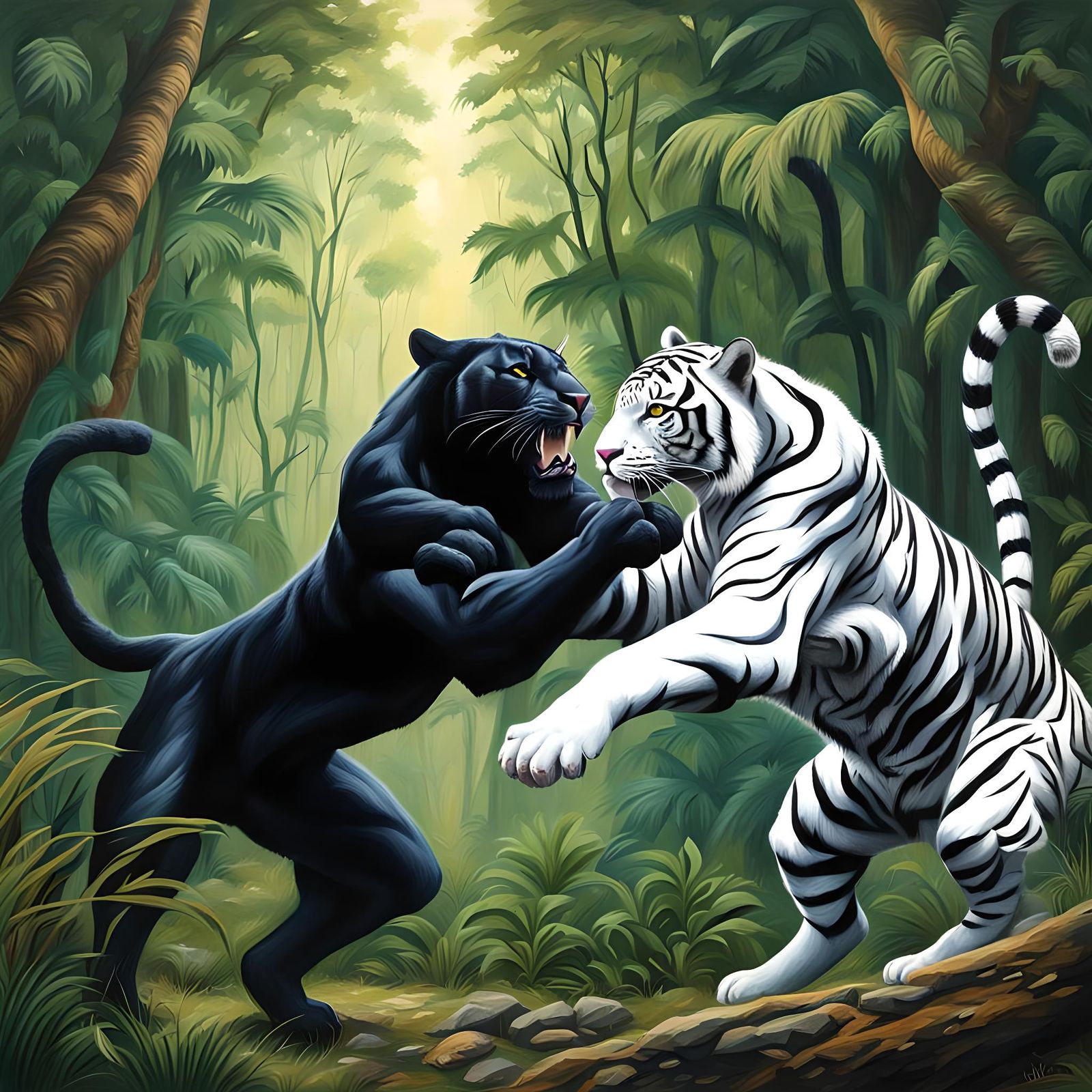 White Tiger and Panther Duel: Acrylic Painting