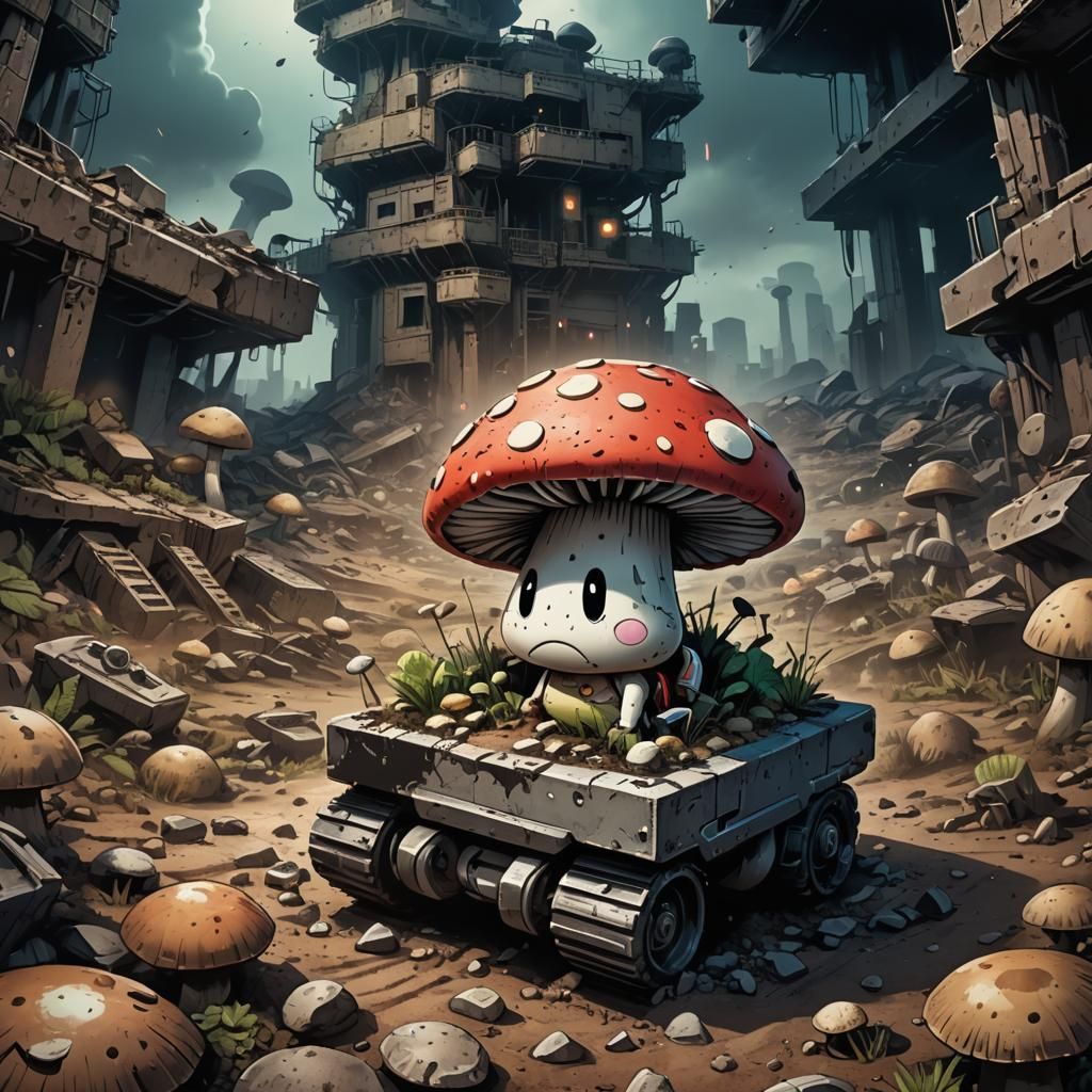 Chibi Mushroom Tank Charges Through Apocalyptic Wasteland