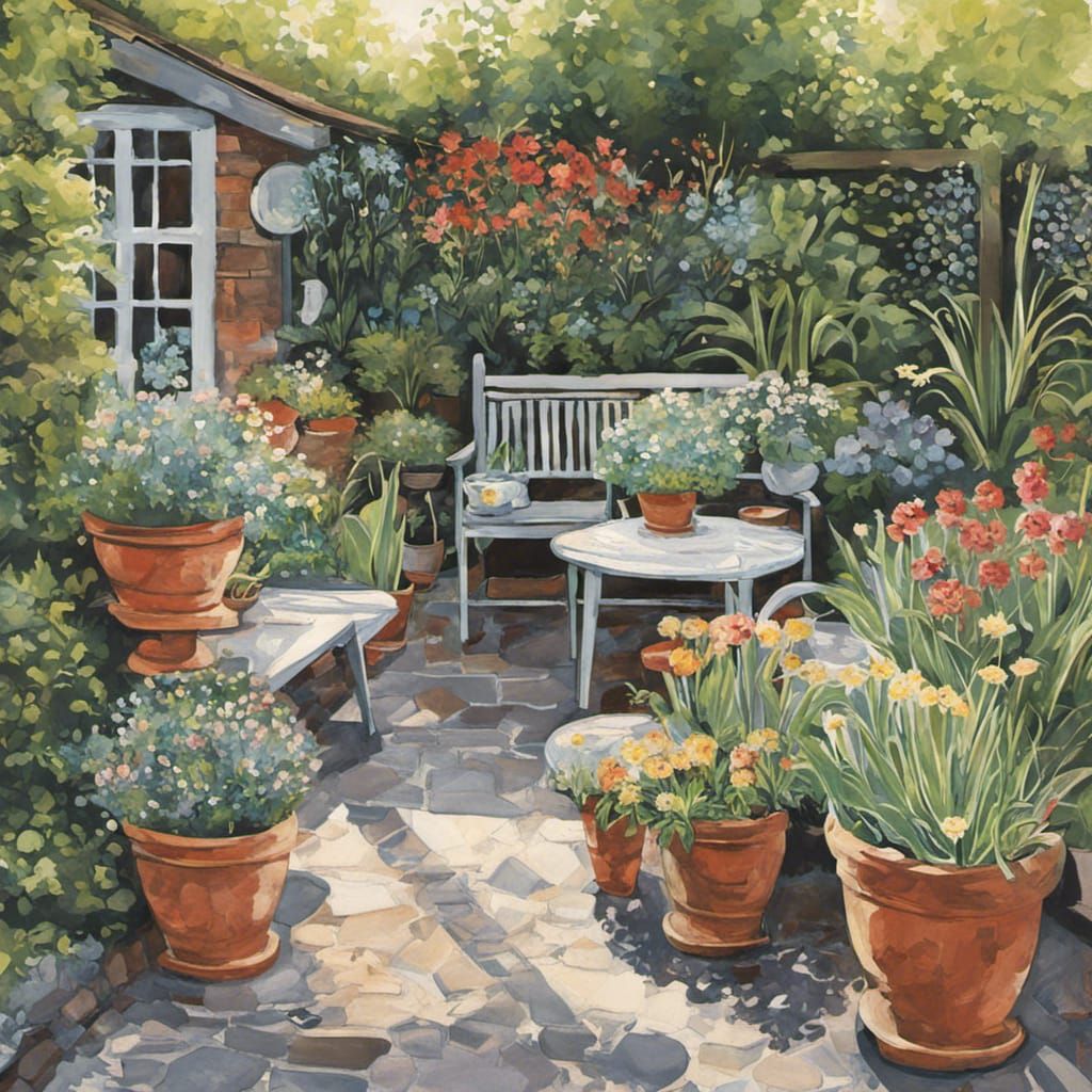 Blooming Garden Seating Area in Botanical Art Style