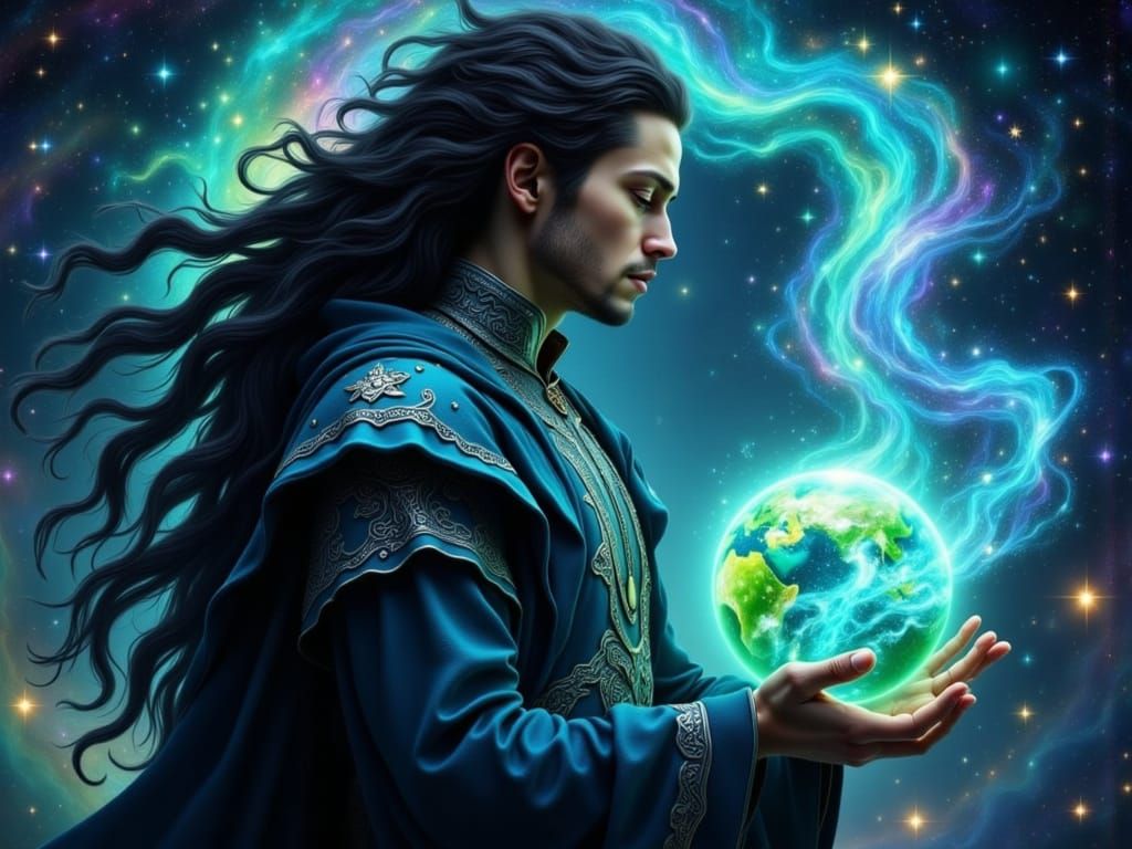 Majestic Man Wizard in Celestial Robes with Glowing Earth Or...