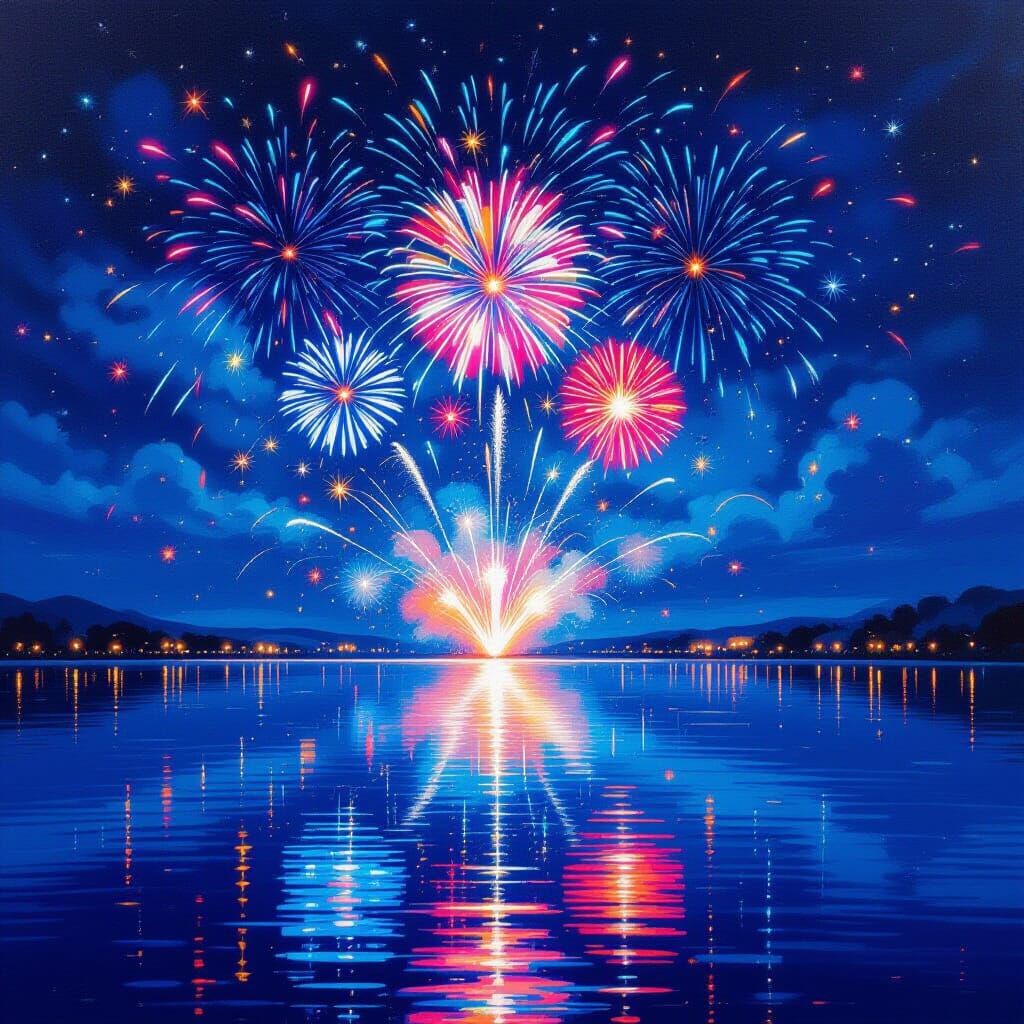 Vivid Fireworks Exploding Over Calm Water at Night