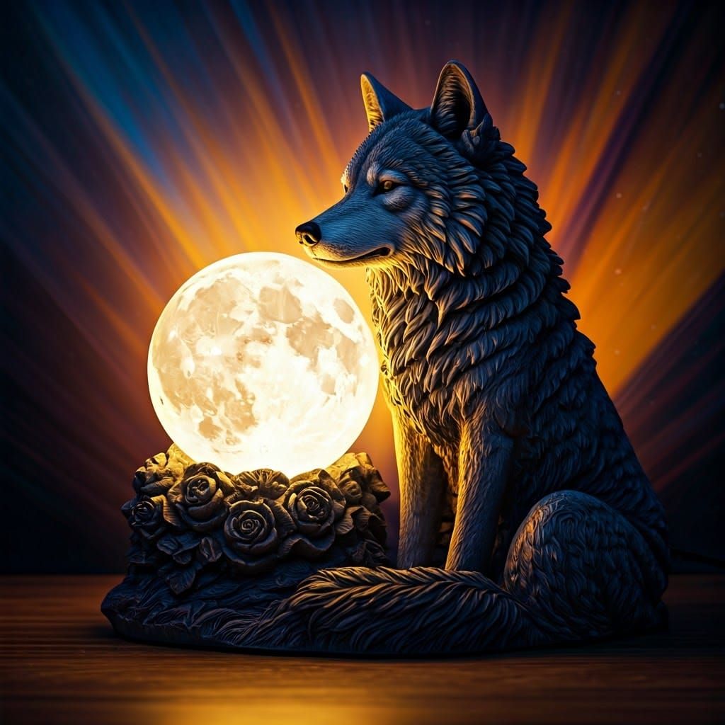 Wolf Statue Table Lamp with Glowing Moon Orb