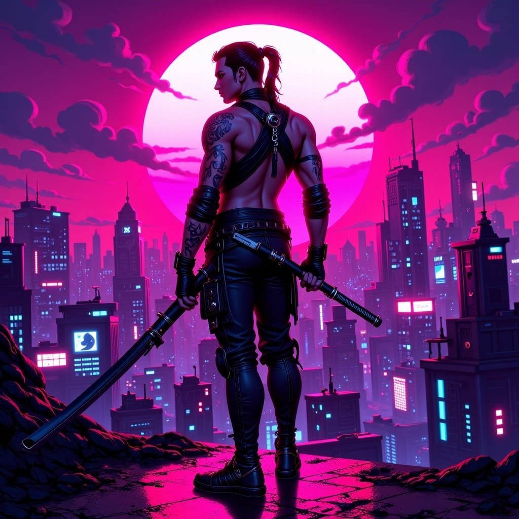 Cyberpunk Samurai on Neon Rooftop