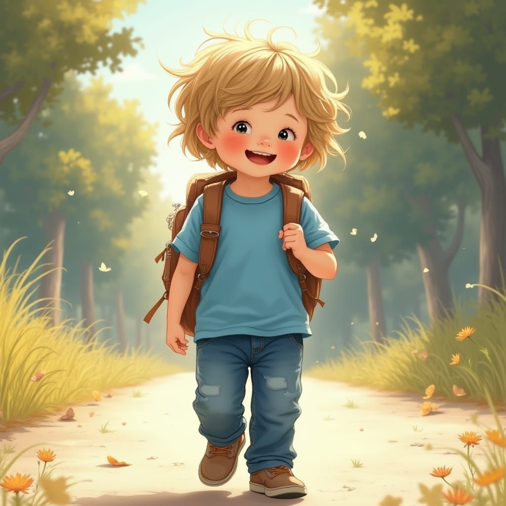 Smiling Child Going to School in Classic Illustration Style