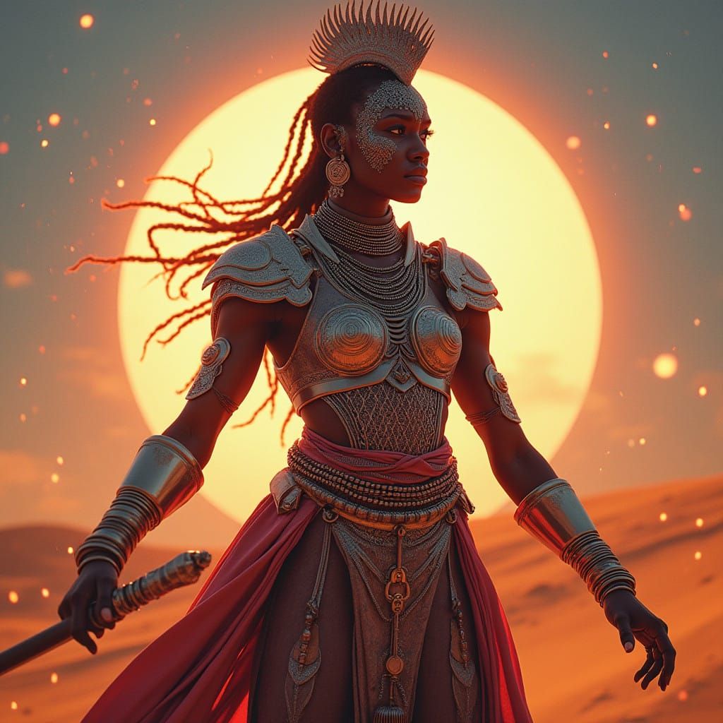African Warrior in Afrofuturism-Inspired Armor, Frozen in Mi...