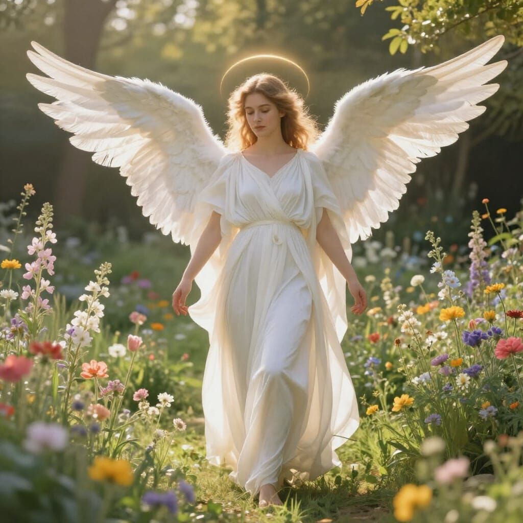 Angel in a Lush Garden with Wildflowers, Pre-Raphaelite Styl...