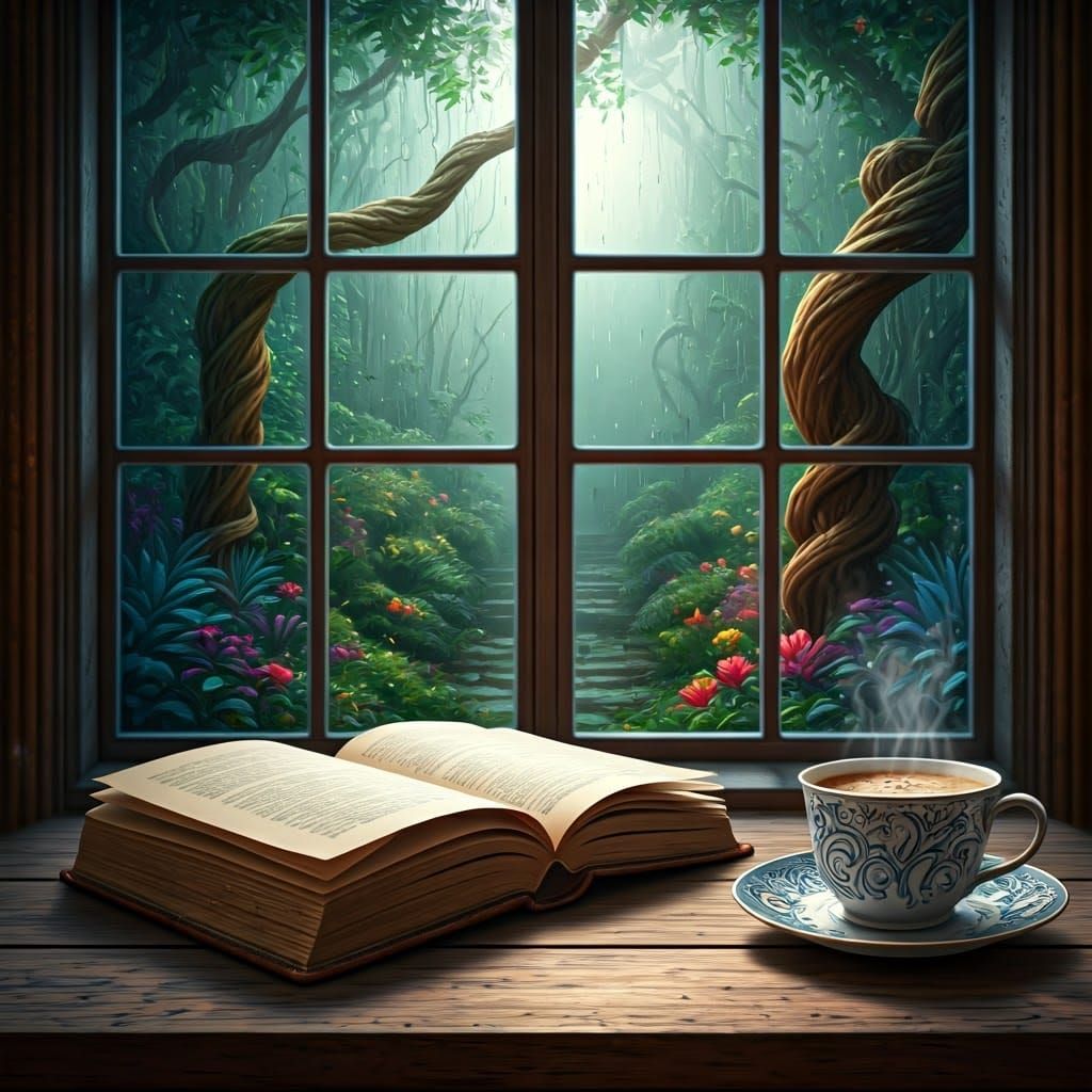 Cozy Study Scene in a Rainy Garden Oasis