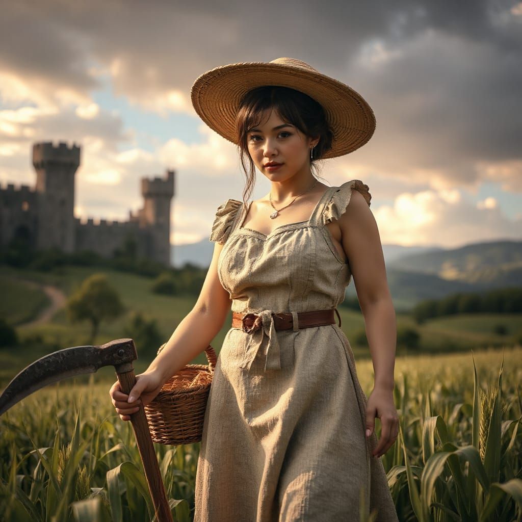 Farmer Cosplayer in Cursed Castle with Sickle