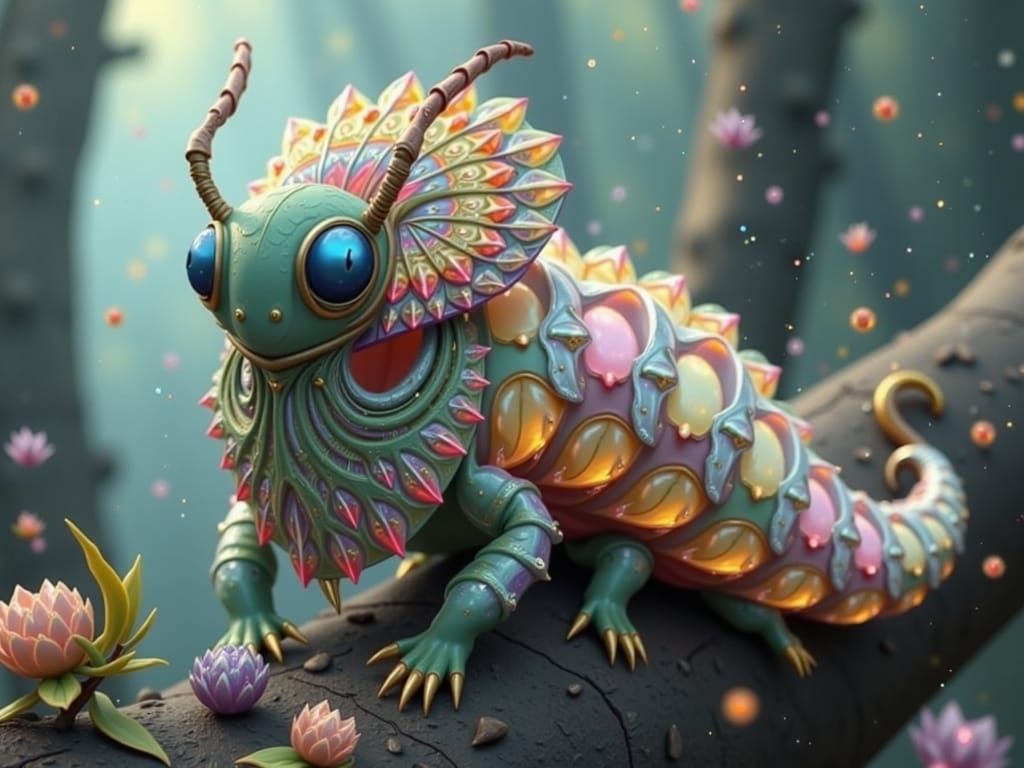 Surreal 3D Caterpillar with Iridescent Opal Shell