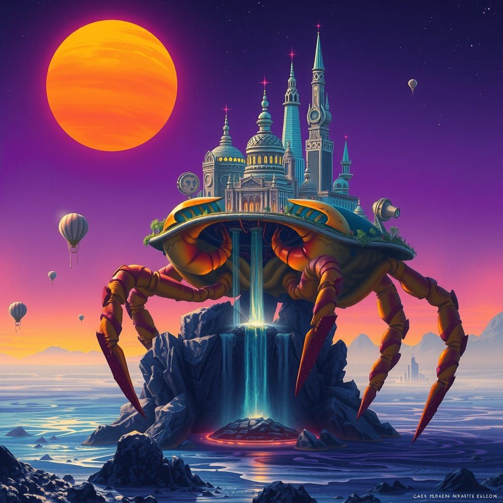 Glowing Hermit Crab Carries Celestial City Across Alien Shor...